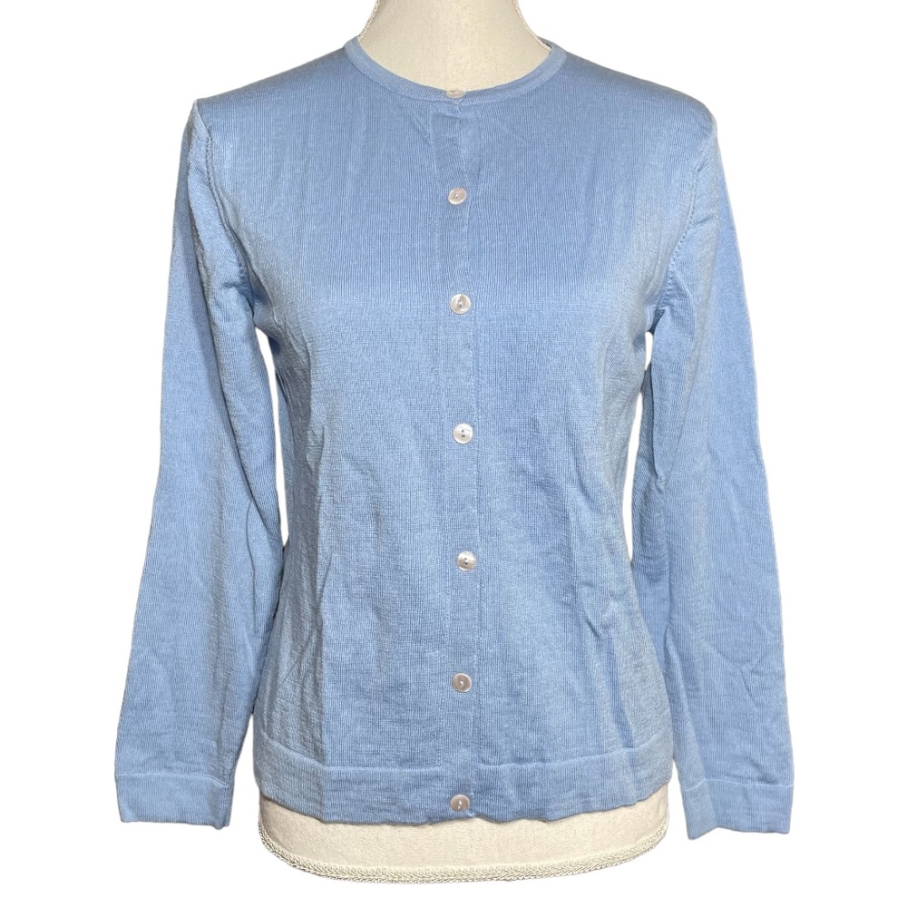 100% Merino Wool Cardigan S Italy Talbots Periwinkle Blue Sweater Vintage VTG